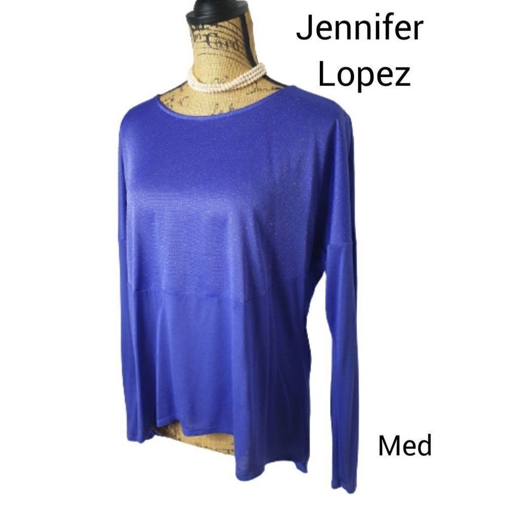 Jennifer Lopez Women's Long Sleeve Blouse Silver Metallic Detail Semi Sheer M
